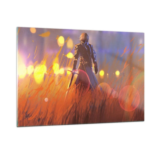 Quadro su vetro - Una figura in armatura tra l'erba arancione e uno sfondo luminoso. - 120x80cm - Il cavaliere errante - Decorazione murale moderna per soggiorno e camera da letto ARTTOR