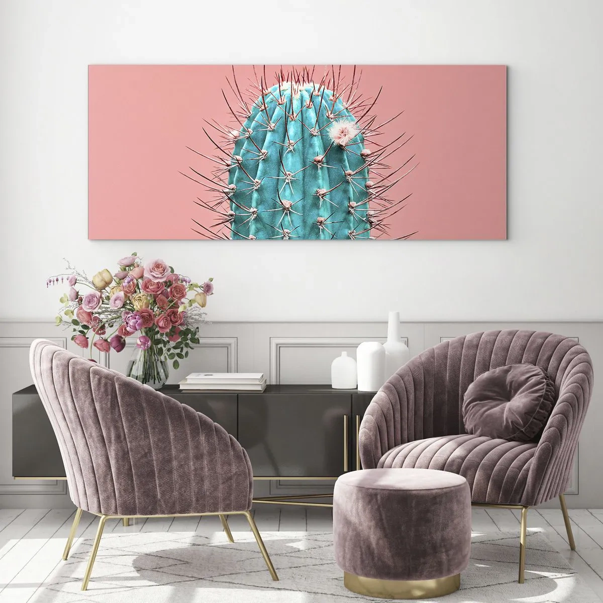 Quadro su vetro - Un'interpretazione artistica di un cactus su uno sfondo rosa - 160x50cm - Stai attento - Decorazione murale moderna per soggiorno e camera da letto ARTTOR
