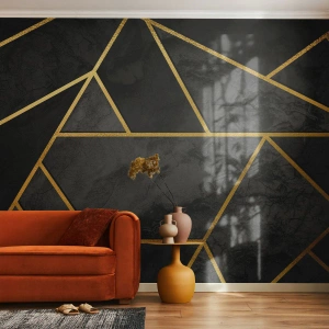 Fotomurali Premium Sand - Motivo geometrico dorato su sfondo nero - 100x70cm - Oscurità e luce - Decorazione murale moderna per soggiorno e camera da letto ARTTOR