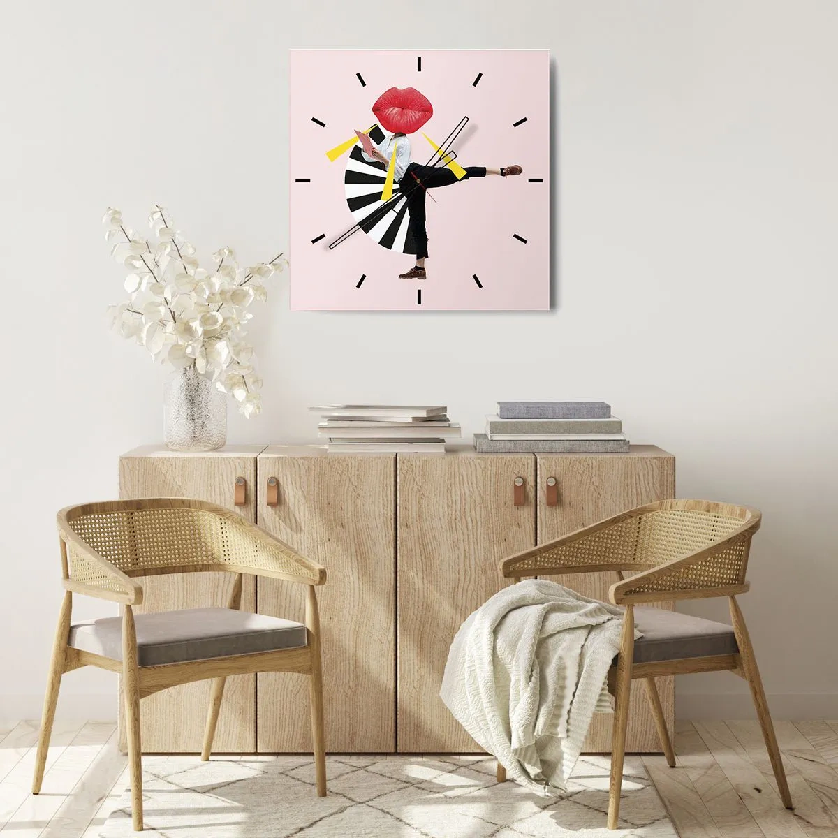 Orologio da parete - Orologio in Vetro - Figura surrealista con bocca ed elementi geometrici - 30x30cm - Pop-art surrealistica - Decorazione murale moderna per soggiorno e camera da letto ARTTOR