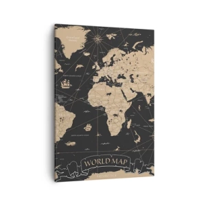 Quadro su tela - Stampe su Tela - Una mappa del mondo stilizzata su sfondo nero con dettagli beige. - 50x70cm - I confini del mio mondo - Decorazione murale moderna per soggiorno e camera da letto ARTTOR