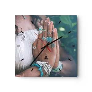 Orologio da parete - Orologio in Vetro - Mani decorate con gioielli boho - 30x30cm - Benvenuto al centro dell'essere - Decorazione murale moderna per soggiorno e camera da letto ARTTOR