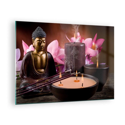 Quadro su vetro - Composizione rilassante con Buddha, candele e fiori - 70x50cm - Purificare la mente, calmare il corpo - Decorazione murale moderna per soggiorno e camera da letto ARTTOR