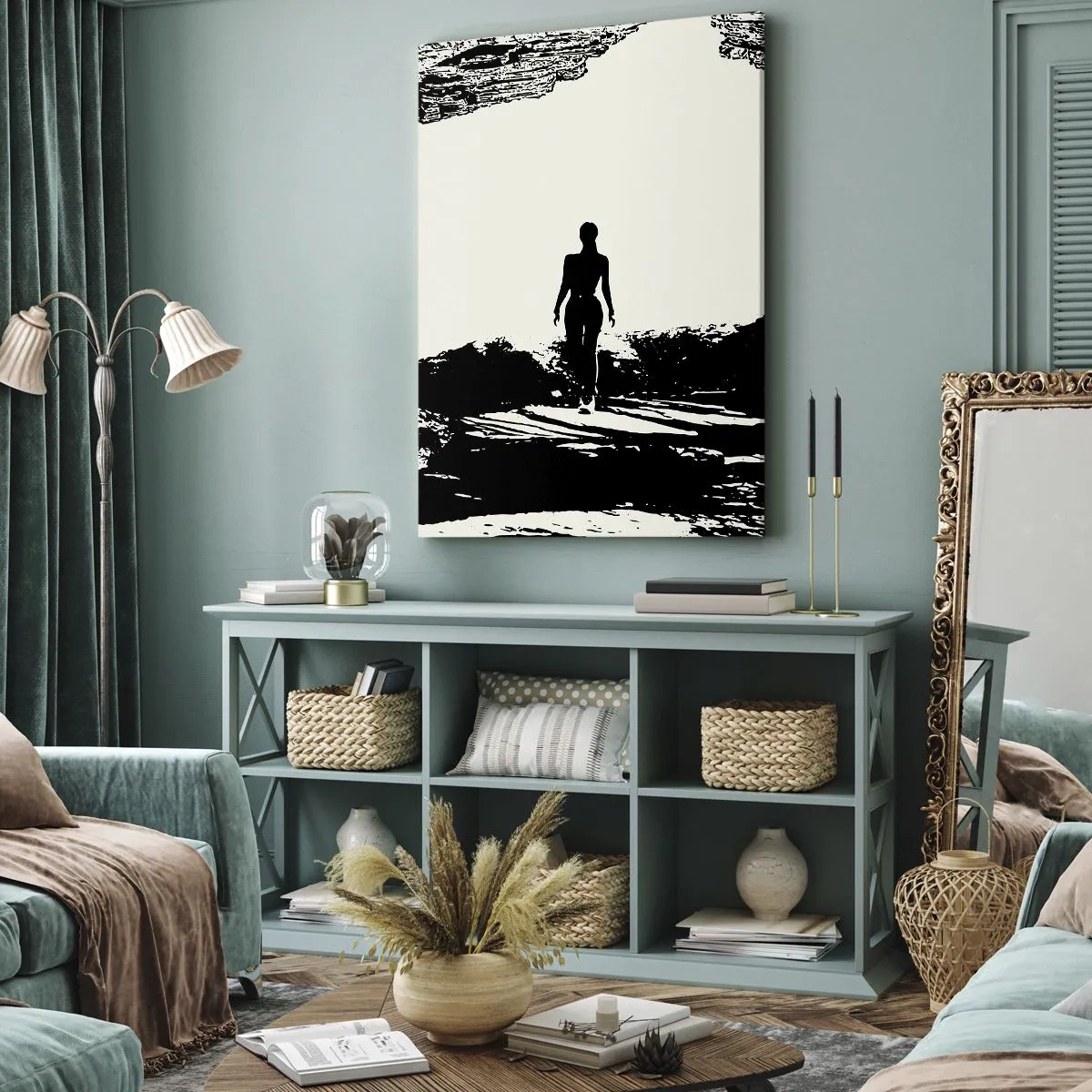 Quadro su tela - Stampe su Tela - Silhouette in bianco e nero di una donna in una grotta contro il cielo - 70x100cm - Un nuovo sguardo - Decorazione murale moderna per soggiorno e camera da letto ARTTOR