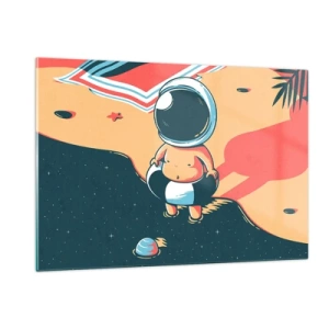 Quadro su vetro - Figura di astronauta su una spiaggia con un paesaggio cosmico - 120x80cm - Da un'altra prospettiva - Decorazione murale moderna per soggiorno e camera da letto ARTTOR