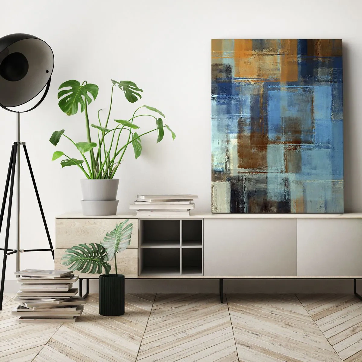 Quadro su tela - Stampe su Tela - Composizione geometrica astratta nei toni del blu e del marrone - 80x120cm - Attraverso la tenda blu - Decorazione murale moderna per soggiorno e camera da letto ARTTOR