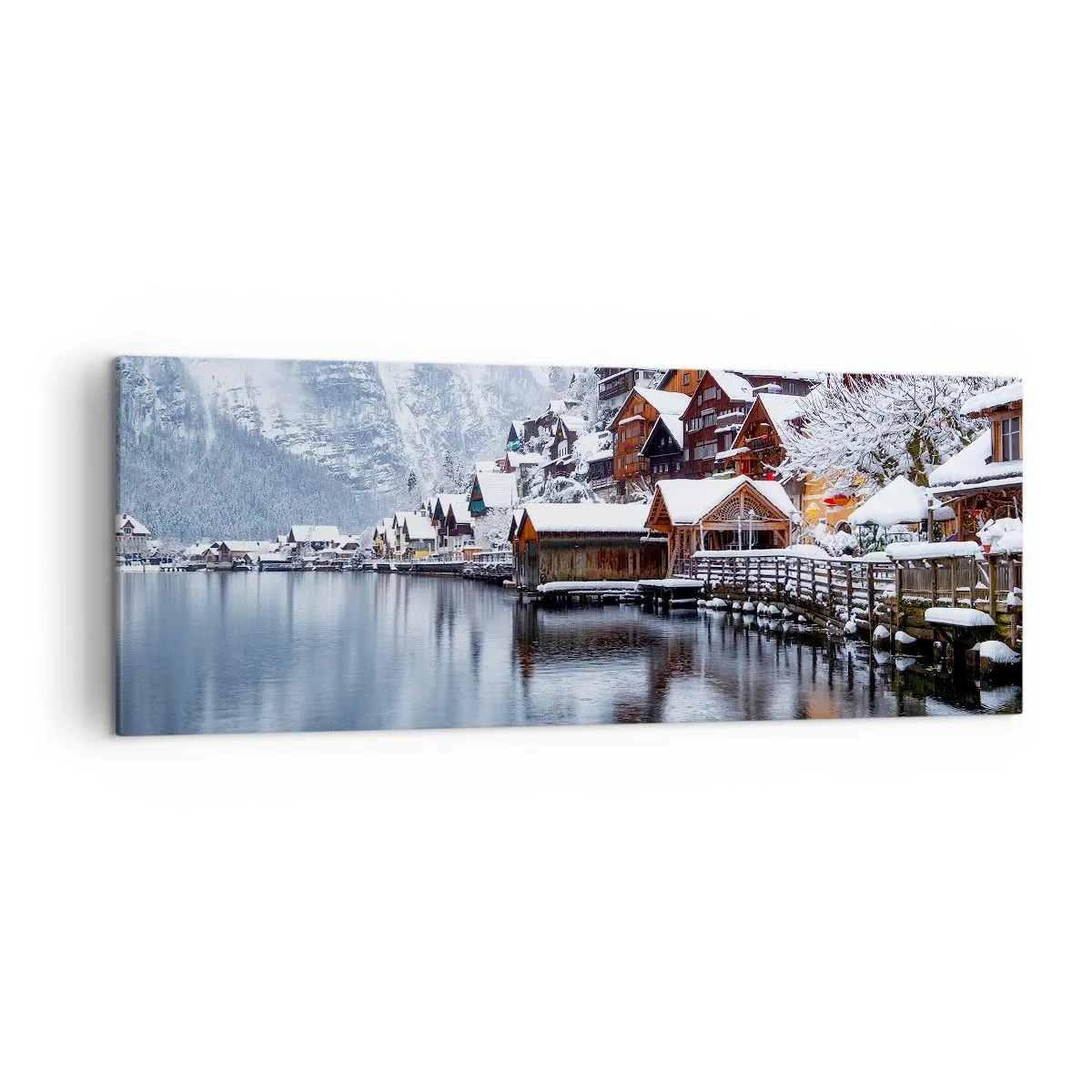Quadro su tela - Stampe su Tela - Vista invernale di un villaggio di montagna in riva al lago - 140x50cm - Decorazione invernale - Decorazione murale moderna per soggiorno e camera da letto ARTTOR