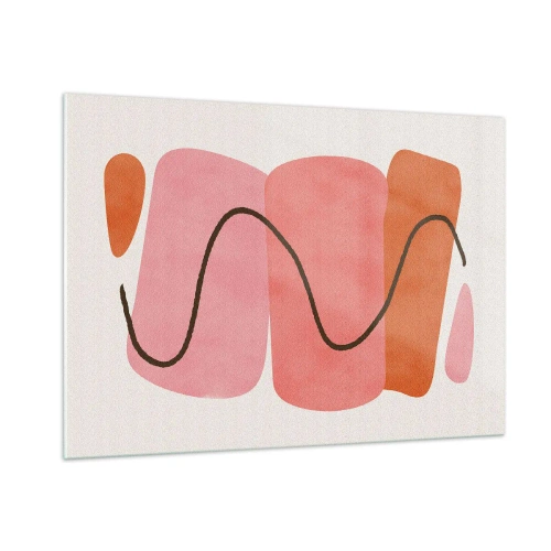 Quadro su vetro - Forme astratte in rosa e arancione con una linea nera - 100x70cm - Il delicato movimento delle forme - Decorazione murale moderna per soggiorno e camera da letto ARTTOR