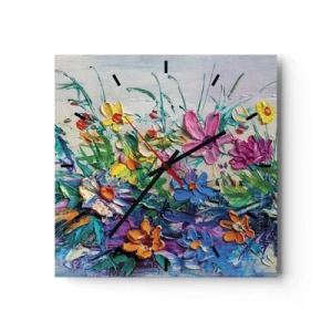 Orologio da parete - Orologio in Vetro - Un colorato mazzo di fiori dipinto con la tecnica dell'impasto - 30x30cm - Natura per niente morta - Decorazione murale moderna per soggiorno e camera da letto ARTTOR