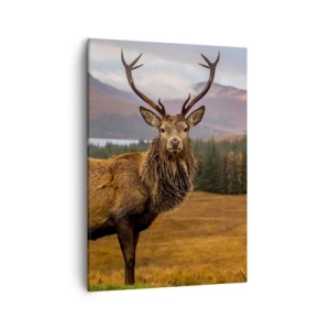Quadro su tela - Stampe su Tela - Un cervo sullo sfondo di un paesaggio montano con laghi e foresta - 50x70cm - Maestà della natura - Decorazione murale moderna per soggiorno e camera da letto ARTTOR