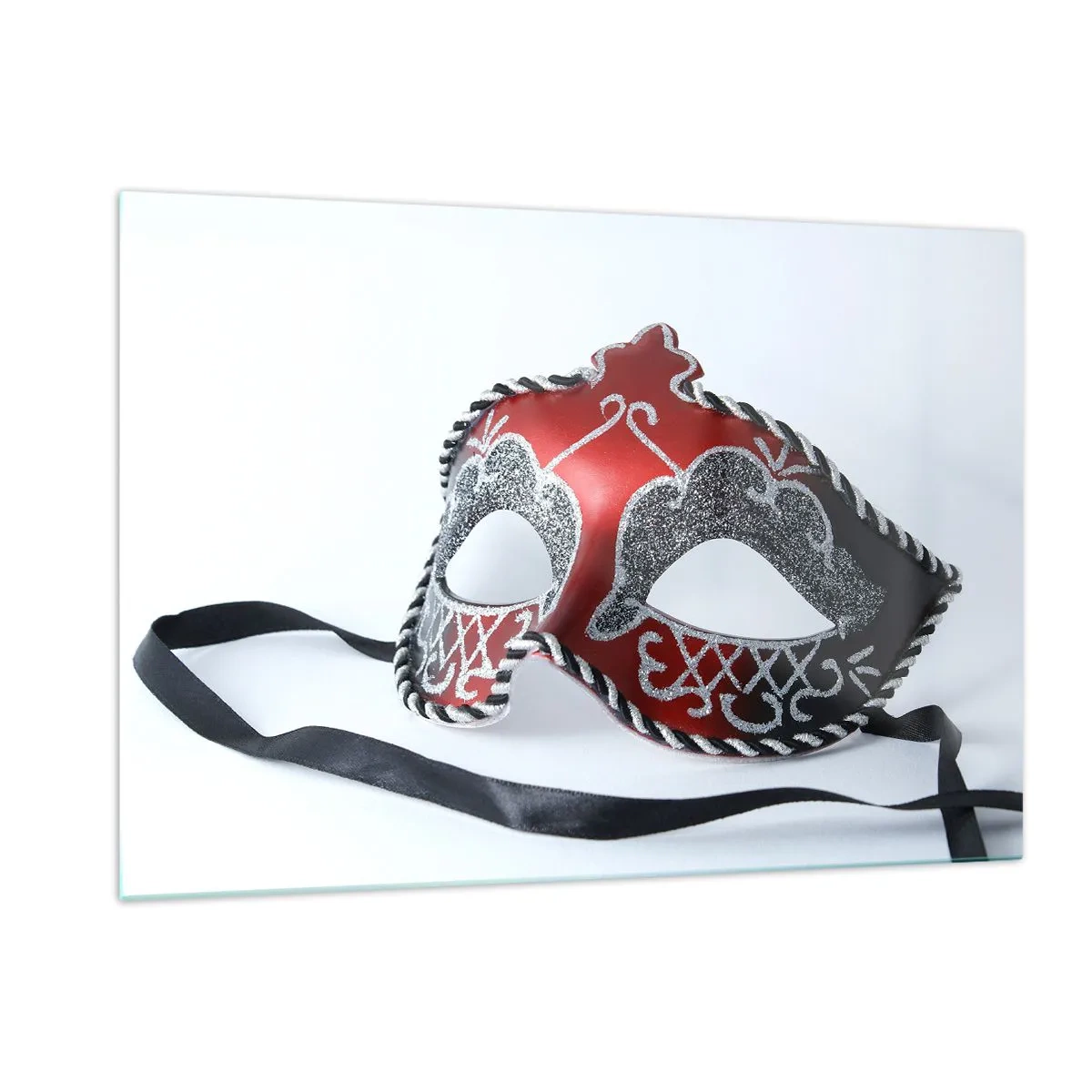 Quadro su vetro - Maschera di carnevale in rosso e argento - 120x80cm - Invito al ballo - Decorazione murale moderna per soggiorno e camera da letto ARTTOR