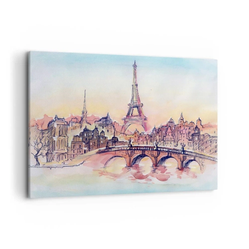 Quadro su tela - Stampe su Tela - Panorama acquerello di Parigi con la Torre Eiffel al tramonto - 100x70cm - L'unica città così al mondo - Decorazione murale moderna per soggiorno e camera da letto ARTTOR