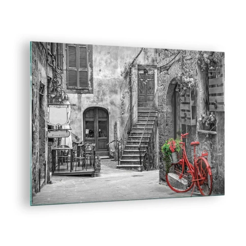 Quadro su vetro - Strada bianca e nera con una bicicletta rossa - 70x50cm - Angolo toscano - Decorazione murale moderna per soggiorno e camera da letto ARTTOR