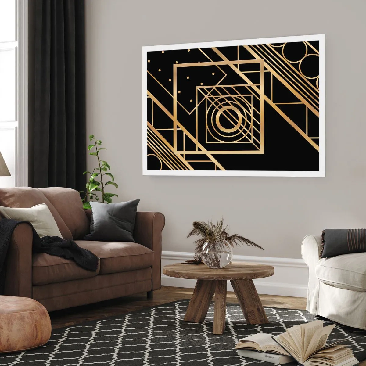 Poster - Motivi geometrici dorati su sfondo nero - 100x70cm - Geometria dorata - Decorazione murale moderna per soggiorno e camera da letto ARTTOR