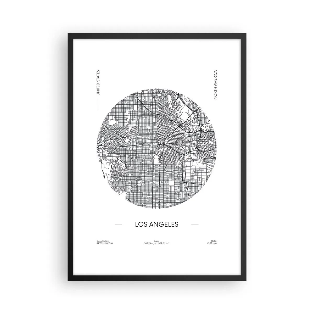 Poster in cornice nera - Una mappa minimalista di Los Angeles in bianco e nero. - 50x70cm - Anatomia di Los Angeles - Decorazione murale moderna per soggiorno e camera da letto ARTTOR