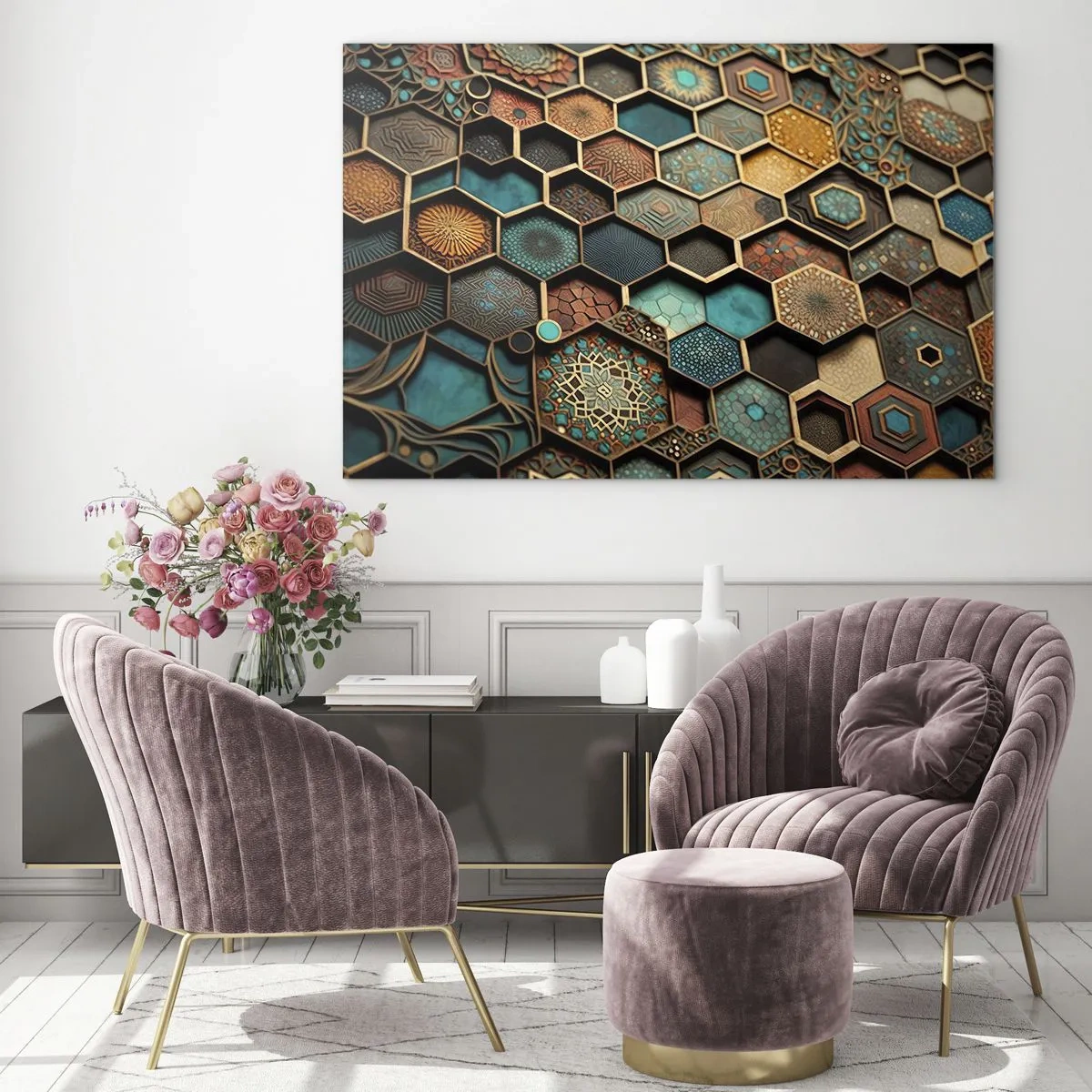 Quadro su vetro - Mosaico con motivi geometrici in stile orientale - 70x50cm - Decorazioni arabe: variazione - Decorazione murale moderna per soggiorno e camera da letto ARTTOR