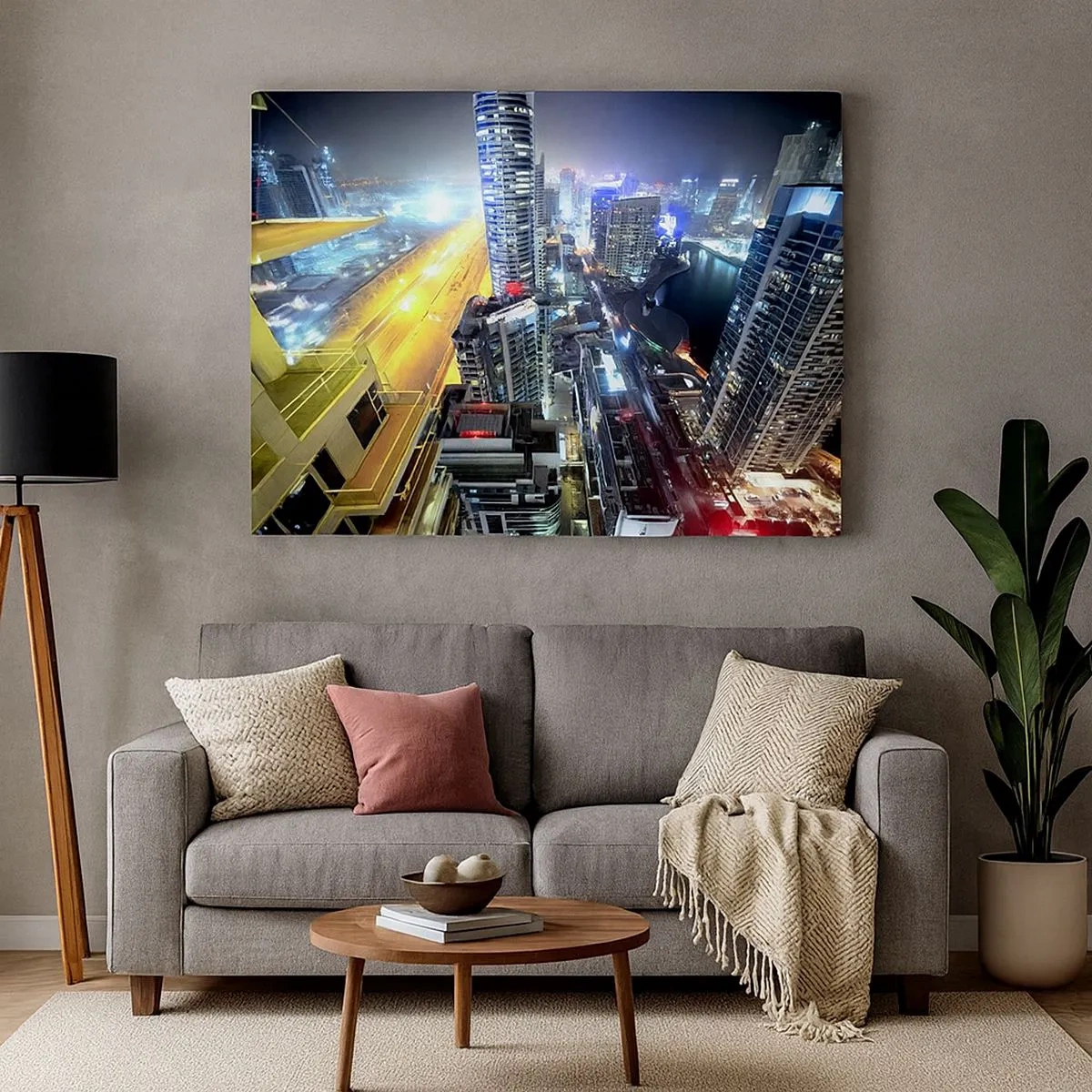 Quadro su tela - Stampe su Tela - Panorama della città notturna con grattacieli illuminati - 70x50cm - Miracolo nel deserto - Decorazione murale moderna per soggiorno e camera da letto ARTTOR