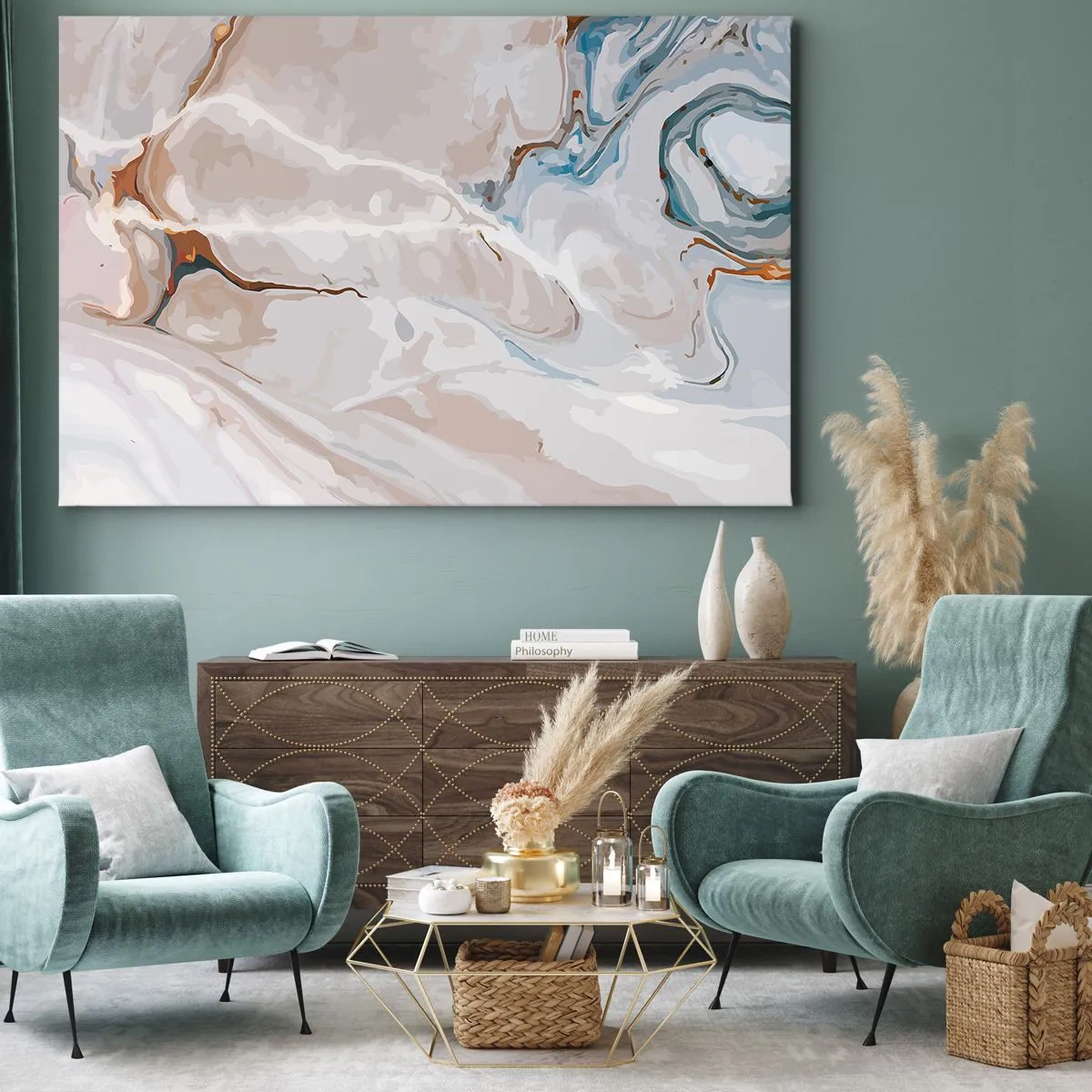 Quadro su tela - Stampe su Tela - Motivo astratto nei toni del bianco e del blu - 70x50cm - Meandri blu sotto il bianco - Decorazione murale moderna per soggiorno e camera da letto ARTTOR