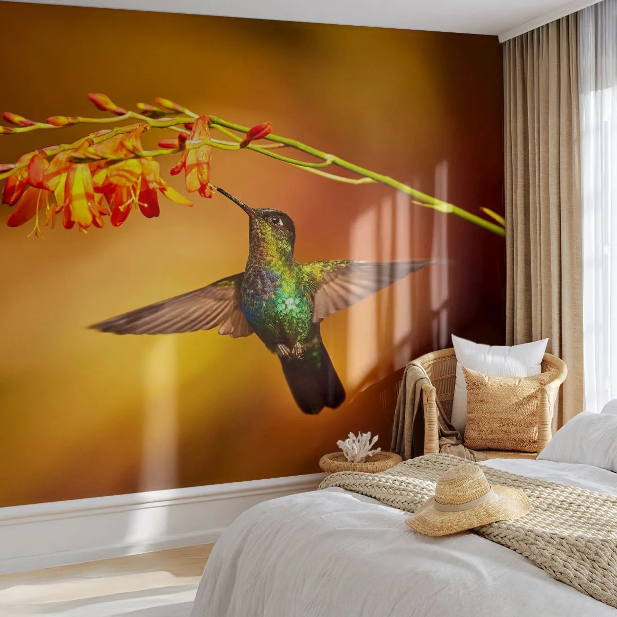 Fotomurali Premium Sand - Un colibrì volteggia sopra un fiore in fiore - 100x70cm - Messaggero di luce secondo i Maya - Decorazione murale moderna per soggiorno e camera da letto ARTTOR
