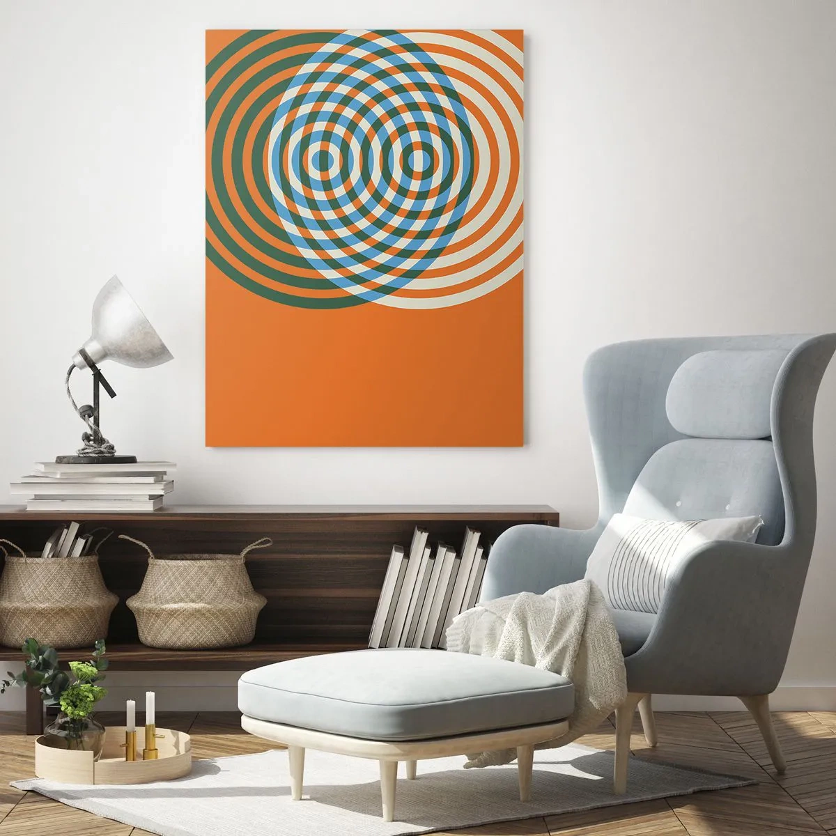 Quadro su vetro - Cerchi concentrici su sfondo arancione - 70x100cm - Composizione astratta a cerchi - Decorazione murale moderna per soggiorno e camera da letto ARTTOR