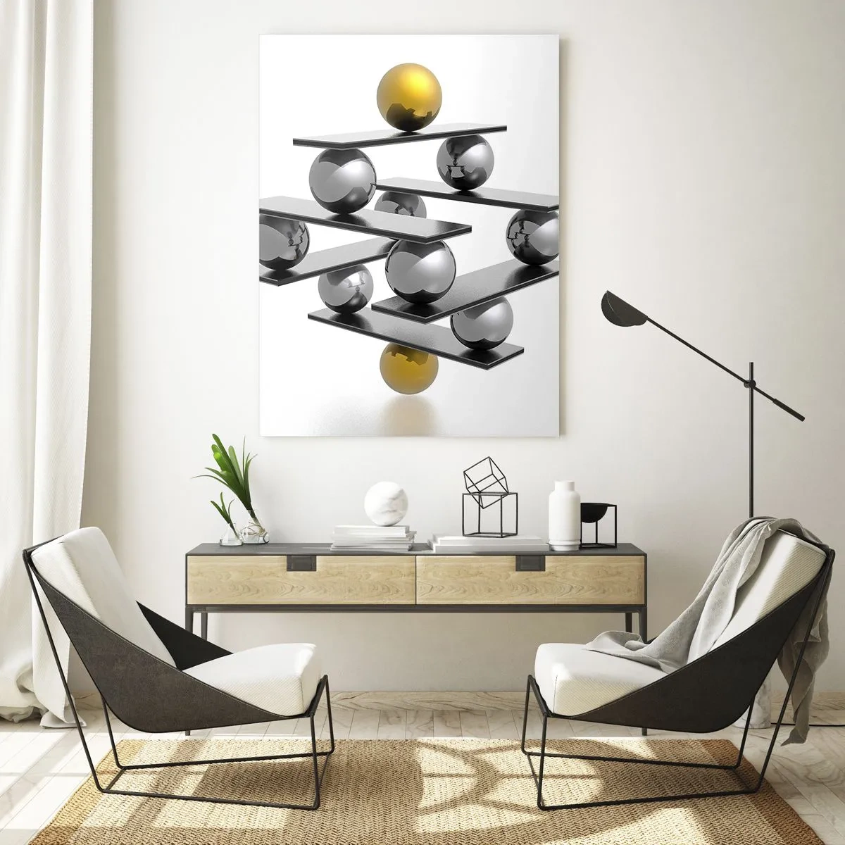 Quadro su vetro - Composizione geometrica con sfere metalliche e accenti dorati - 70x100cm - Equilibrio oro e argento - Decorazione murale moderna per soggiorno e camera da letto ARTTOR