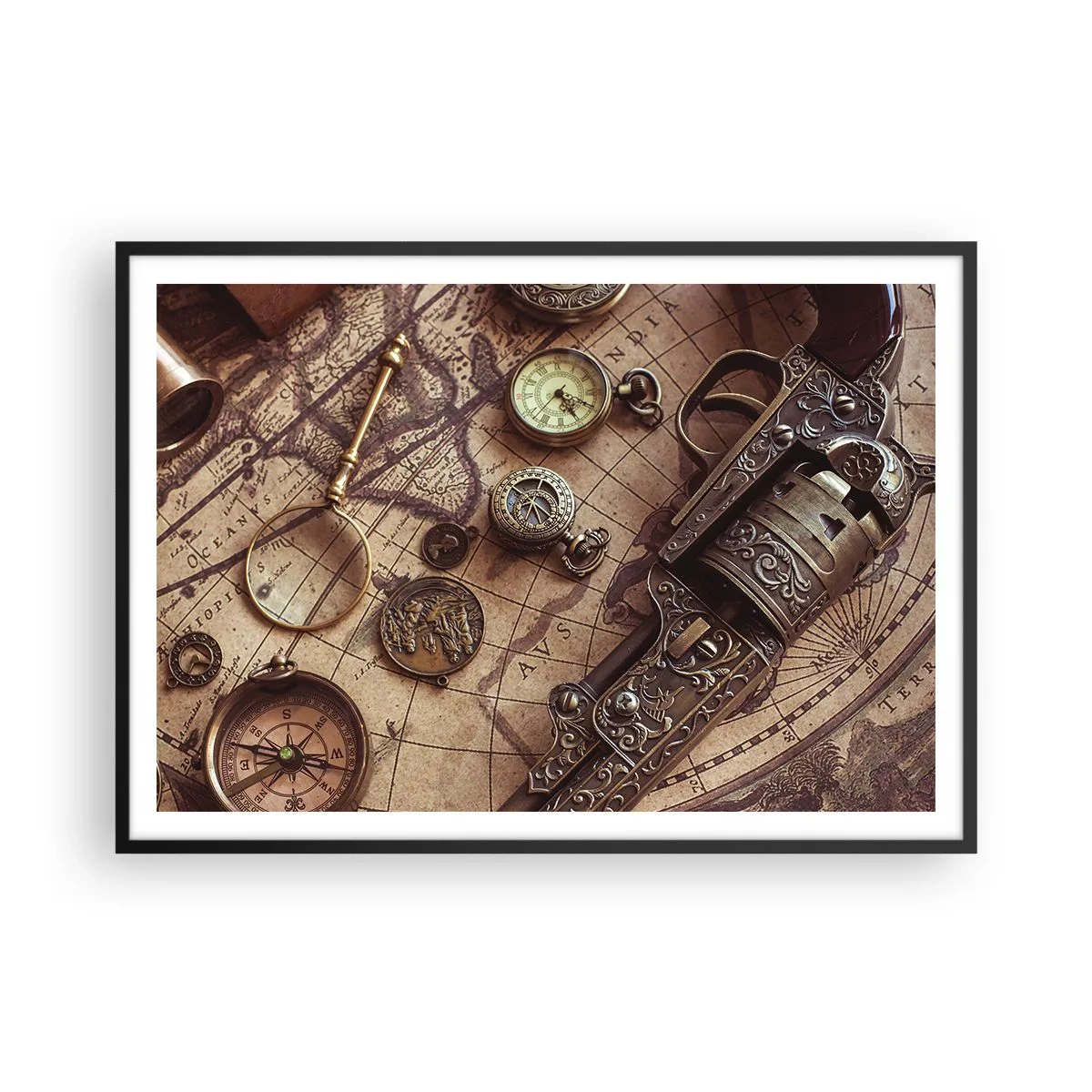 Poster in cornice nera - Oggetti antichi su una vecchia mappa in stile retrò - 100x70cm - La natura chiama - Decorazione murale moderna per soggiorno e camera da letto ARTTOR