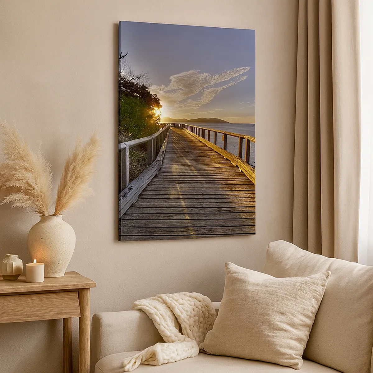 Quadro su tela - Stampe su Tela - Un molo di legno conduce verso il tramonto sull'acqua - 50x70cm - Incamminarsi sempre verso il sole - Decorazione murale moderna per soggiorno e camera da letto ARTTOR