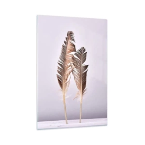 Quadro su vetro - Piume delicate su uno sfondo chiaro in stile minimalista - 80x120cm - Contro il nulla - Decorazione murale moderna per soggiorno e camera da letto ARTTOR