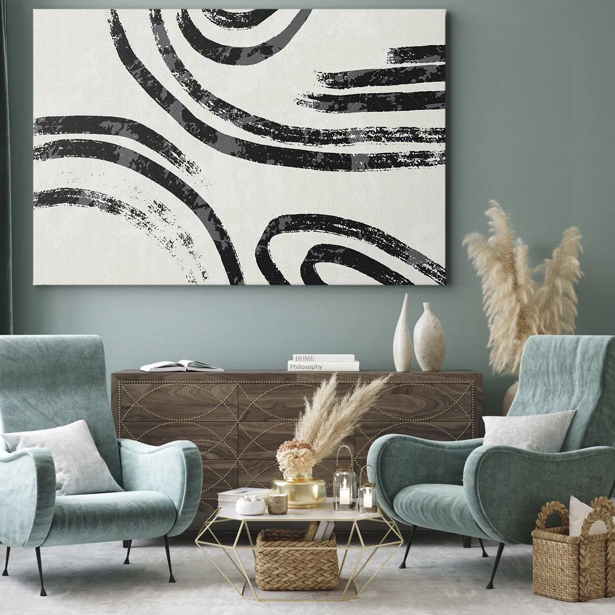 Quadro su tela - Stampe su Tela - Linee astratte in bianco e nero su uno sfondo chiaro - 120x80cm - Interrotto a metà - Decorazione murale moderna per soggiorno e camera da letto ARTTOR