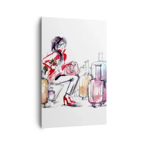 Quadro su tela - Stampe su Tela - Una donna con le valigie in un'illustrazione dinamica ad acquerello - 80x120cm - Sediamoci prima del viaggio - Decorazione murale moderna per soggiorno e camera da letto ARTTOR