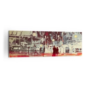 Quadro su tela - Stampe su Tela - Città di notte con luci al neon e sagome di persone per strada - 160x50cm - Viaggio nella grande città - Decorazione murale moderna per soggiorno e camera da letto ARTTOR