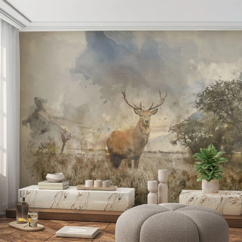 Fotomurali Premium Canvas - Un cervo in un ambiente naturale in stile acquerello - 100x70cm - Dignità - forza - maestosità - Decorazione murale moderna per soggiorno e camera da letto ARTTOR