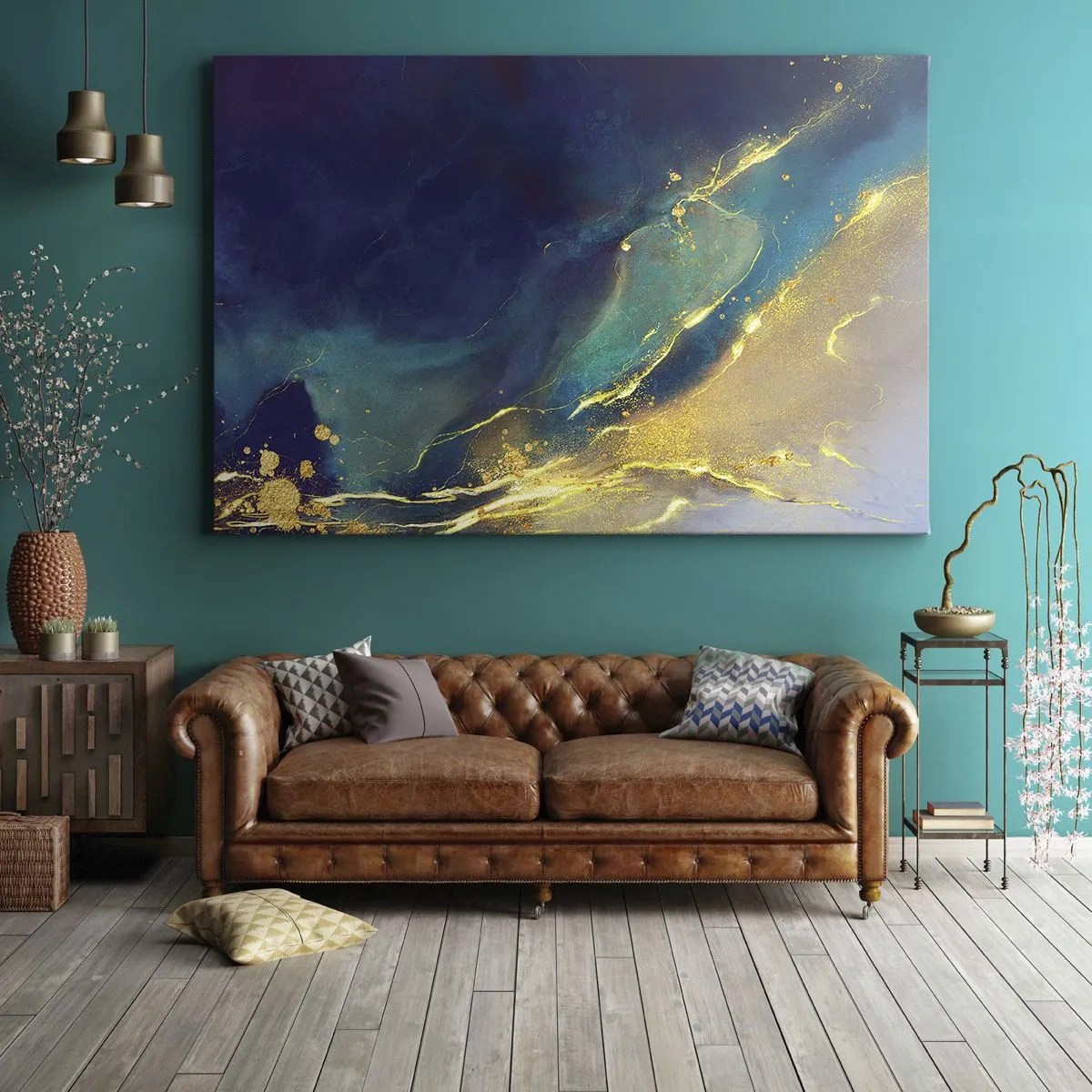 Quadro su tela - Stampe su Tela - Composizione astratta nei toni del blu e dell'oro su tela - 120x80cm - La palude dorata - Decorazione murale moderna per soggiorno e camera da letto ARTTOR