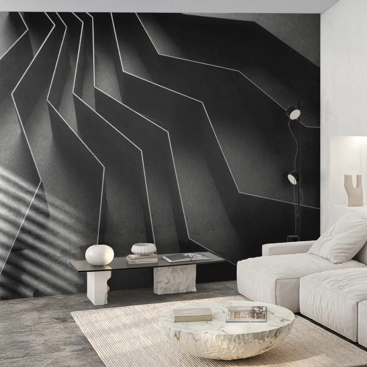 Fotomurali Premium Sand - Strutture geometriche in nero con effetto profondità - 100x70cm - Ordine tridimensionale - Decorazione murale moderna per soggiorno e camera da letto ARTTOR