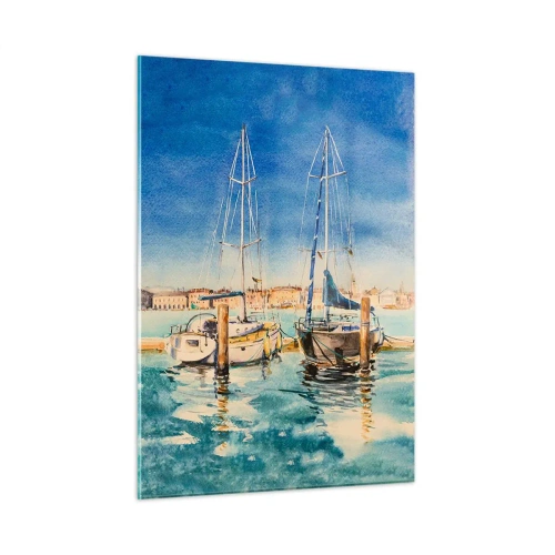 Quadro su vetro - Marina ad acquerello con faro e yacht ormeggiati - 50x70cm - La laguna assolata - Decorazione murale moderna per soggiorno e camera da letto ARTTOR
