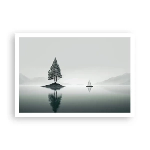 Poster - Un paesaggio minimalista con un albero su un'isola e una barca a vela. - 100x70cm - Paesaggio onirico - Decorazione murale moderna per soggiorno e camera da letto ARTTOR