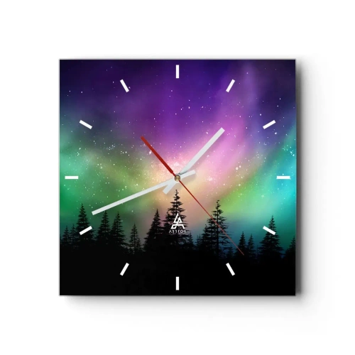 Orologio da parete - Orologio in Vetro - Aurora boreale su una foresta con cielo stellato - 30x30cm - Magia bianca - Decorazione murale moderna per soggiorno e camera da letto ARTTOR
