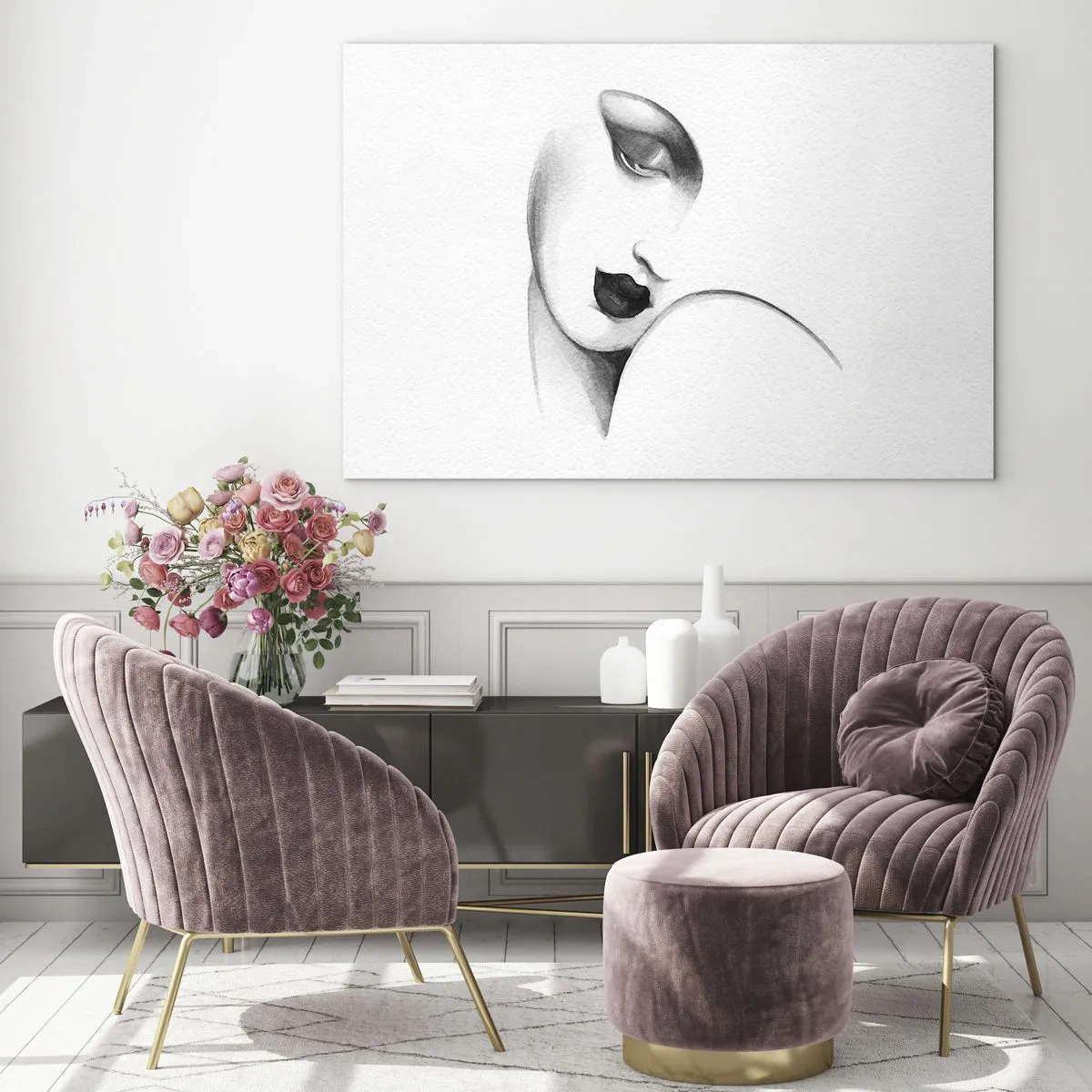 Quadro su vetro - Schizzo Art Déco del volto di una donna in bianco e nero - 100x70cm - Nello stile di Lempicka - Decorazione murale moderna per soggiorno e camera da letto ARTTOR