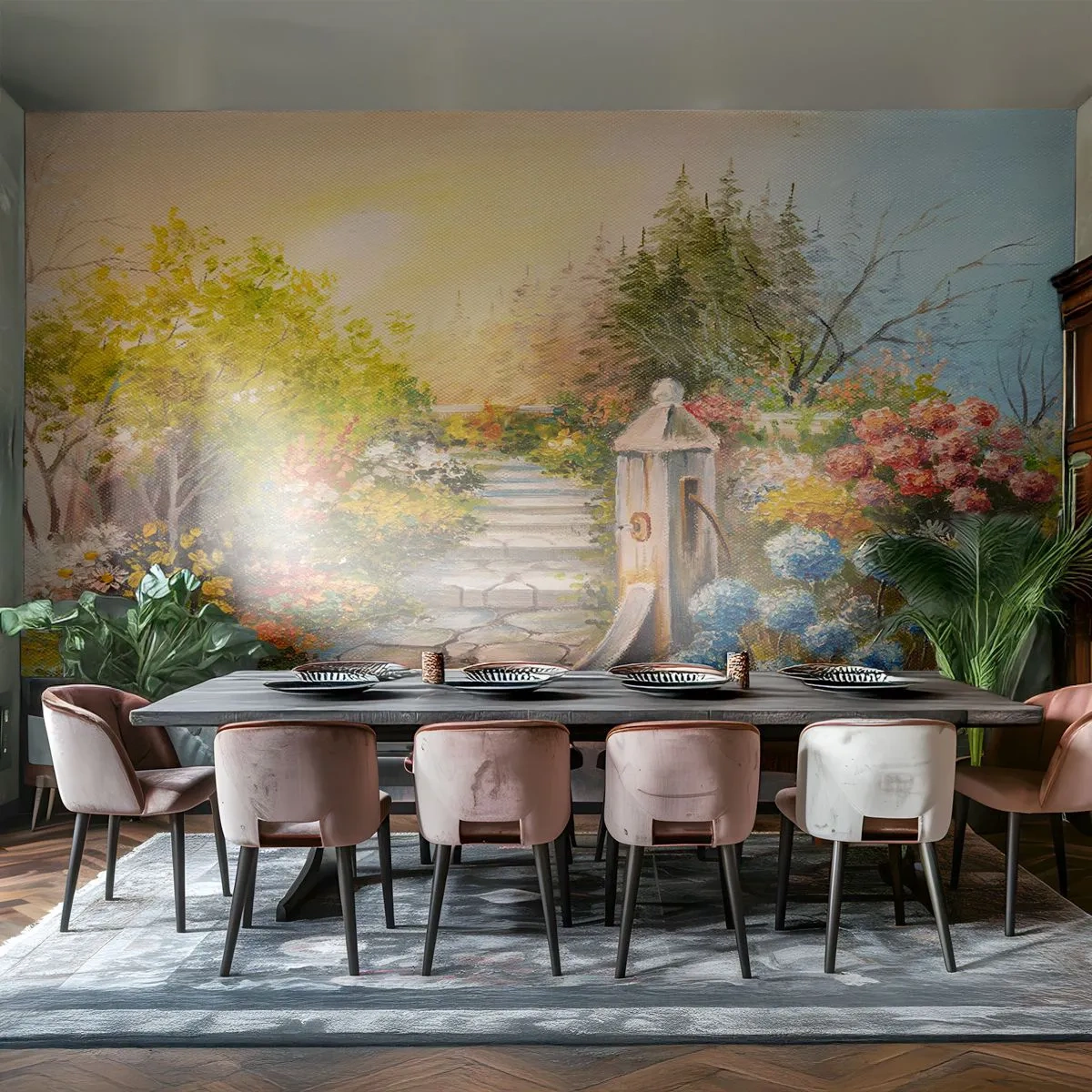 Fotomurali Premium Sand - Un grazioso giardino con un sentiero in pietra e una vecchia pompa dell'acqua - 100x70cm - In piena fioritura - Decorazione murale moderna per soggiorno e camera da letto ARTTOR