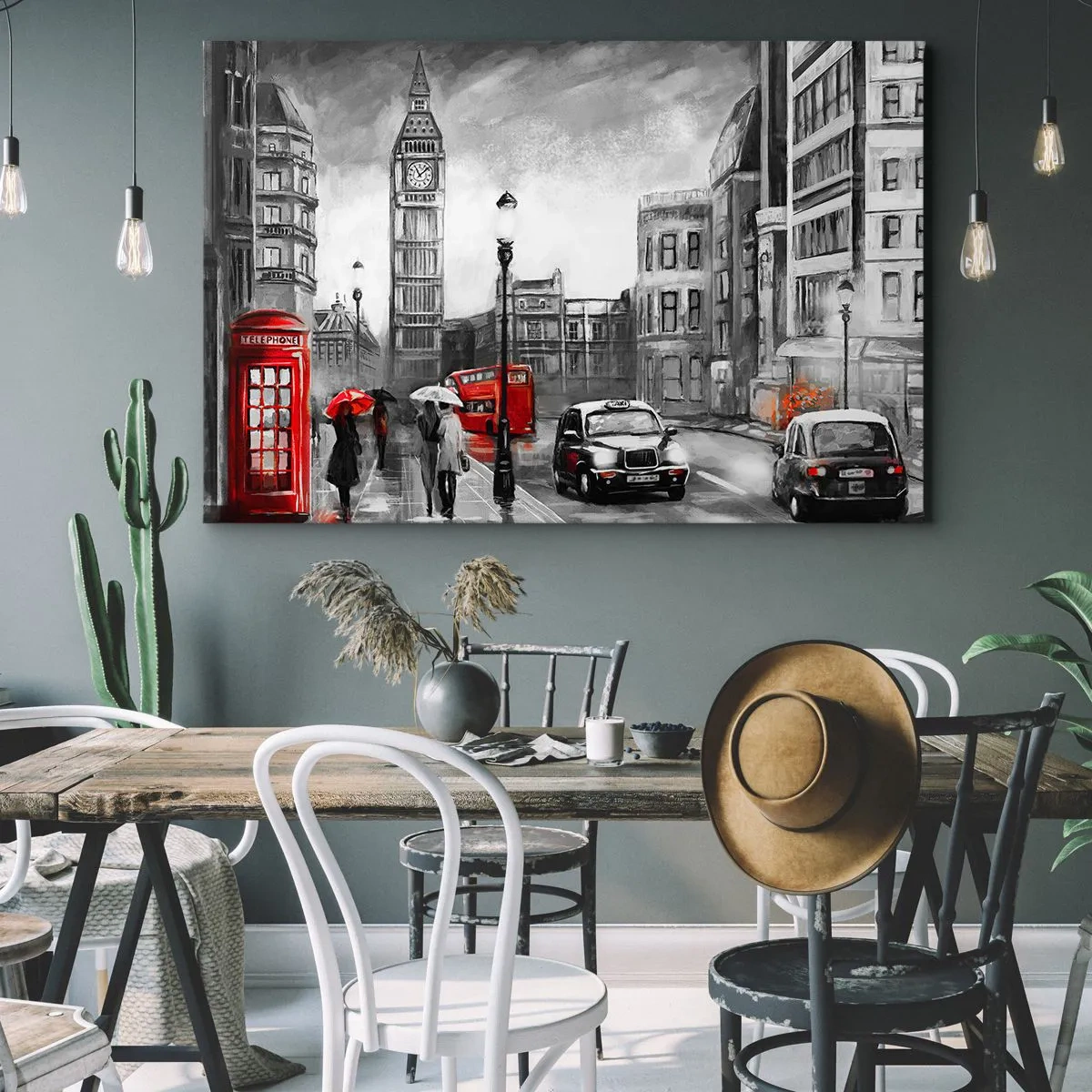 Quadro su tela - Stampe su Tela - Una scena di Londra in bianco e nero con accenti rossi - 70x50cm - Una città per niente grigia - Decorazione murale moderna per soggiorno e camera da letto ARTTOR