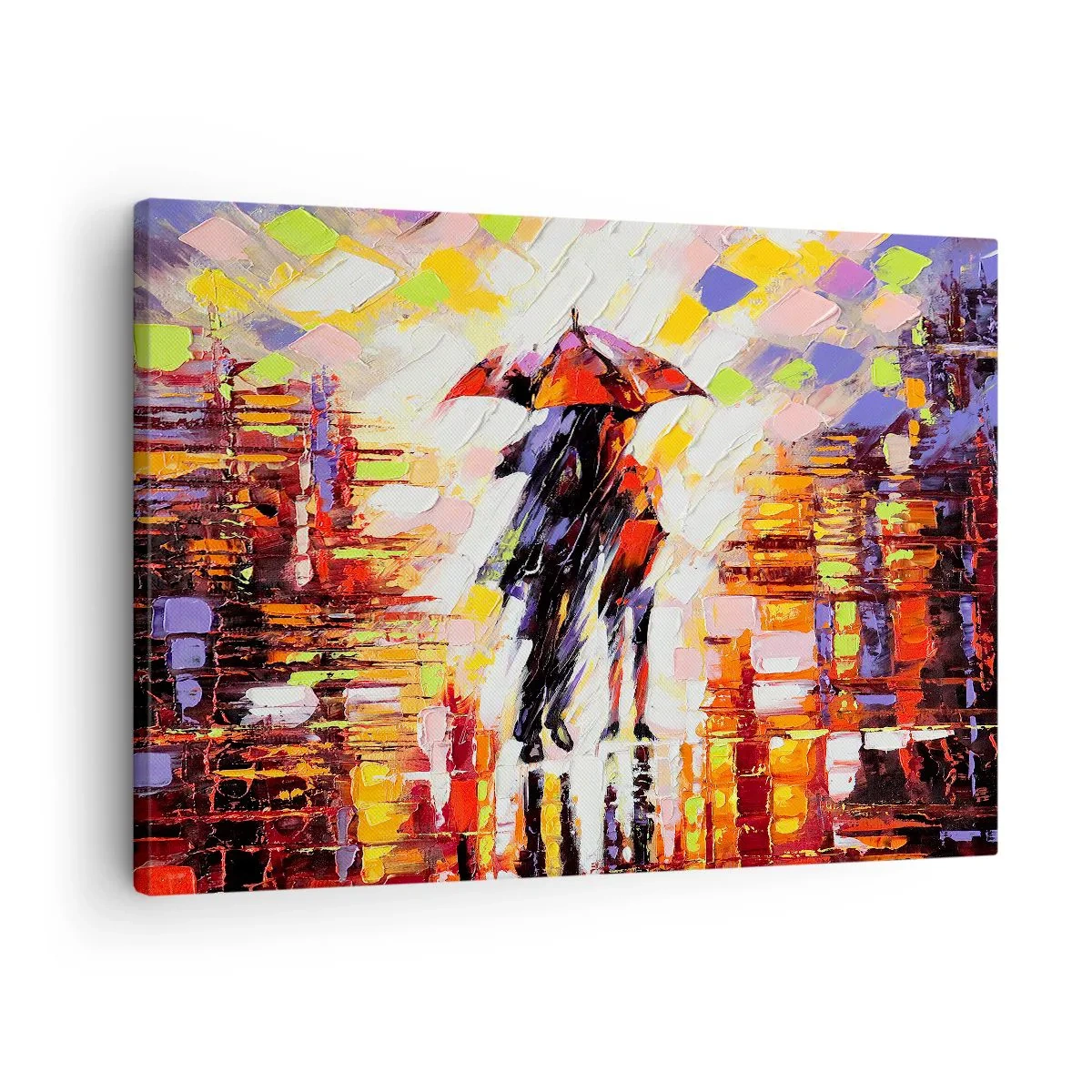 Quadro su tela - Stampe su Tela - Una scena astratta di una passeggiata sotto un ombrello in una notte piovosa. - 70x50cm - Insieme nella notte e nella pioggia - Decorazione murale moderna per soggiorno e camera da letto ARTTOR