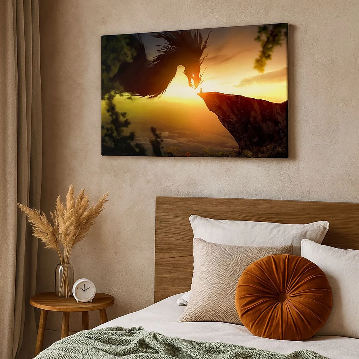 Quadro su tela - Stampe su Tela - Un drago e un uomo su una roccia al chiarore del sole al tramonto - 70x50cm - Il cacciatore di draghi - Decorazione murale moderna per soggiorno e camera da letto ARTTOR