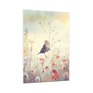 Quadro su vetro - Un uccello in un prato fiorito al sole - 50x70cm - Ritratto d'uccello con prato di sfondo - Decorazione murale moderna per soggiorno e camera da letto ARTTOR