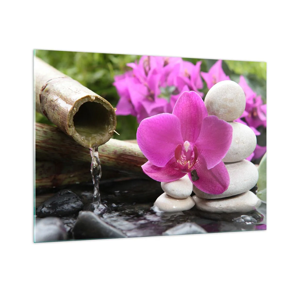 Quadro su vetro - Orchidea viola, pietre e cascata di bambù - 100x70cm - E già ti riposi - Decorazione murale moderna per soggiorno e camera da letto ARTTOR
