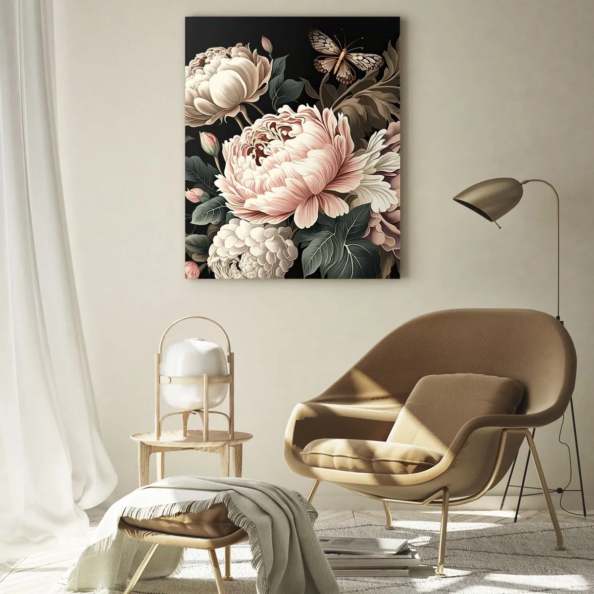 Quadro su vetro - Composizione floreale con farfalle su sfondo nero - 50x70cm - In stile barocco - Decorazione murale moderna per soggiorno e camera da letto ARTTOR