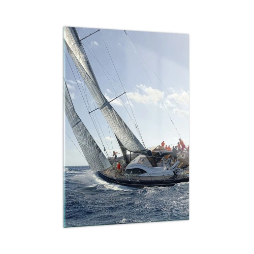 Quadro su vetro - Yacht da regata in mare aperto con il vento in poppa - 50x70cm - Che vinca il migliore - Decorazione murale moderna per soggiorno e camera da letto ARTTOR