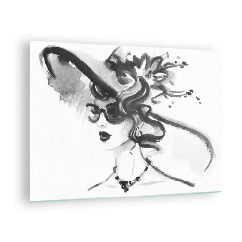 Quadro su vetro - Ritratto in bianco e nero di una donna che indossa un cappello - 70x50cm - Donna di carattere - Decorazione murale moderna per soggiorno e camera da letto ARTTOR