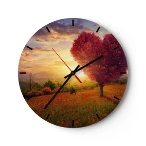 Orologio da parete - Orologio in Vetro - Paesaggio con un albero rosso a forma di cuore al tramonto - 30x30cm - Ti prende al cuore - Decorazione murale moderna per soggiorno, cucina e camera da letto ARTTOR