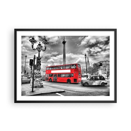 Poster in cornice nera - Un autobus rosso a due piani sullo sfondo di una città in bianco e nero - 70x50cm - Il vero flusso sanguigno della città - Decorazione murale moderna per soggiorno e camera da letto ARTTOR