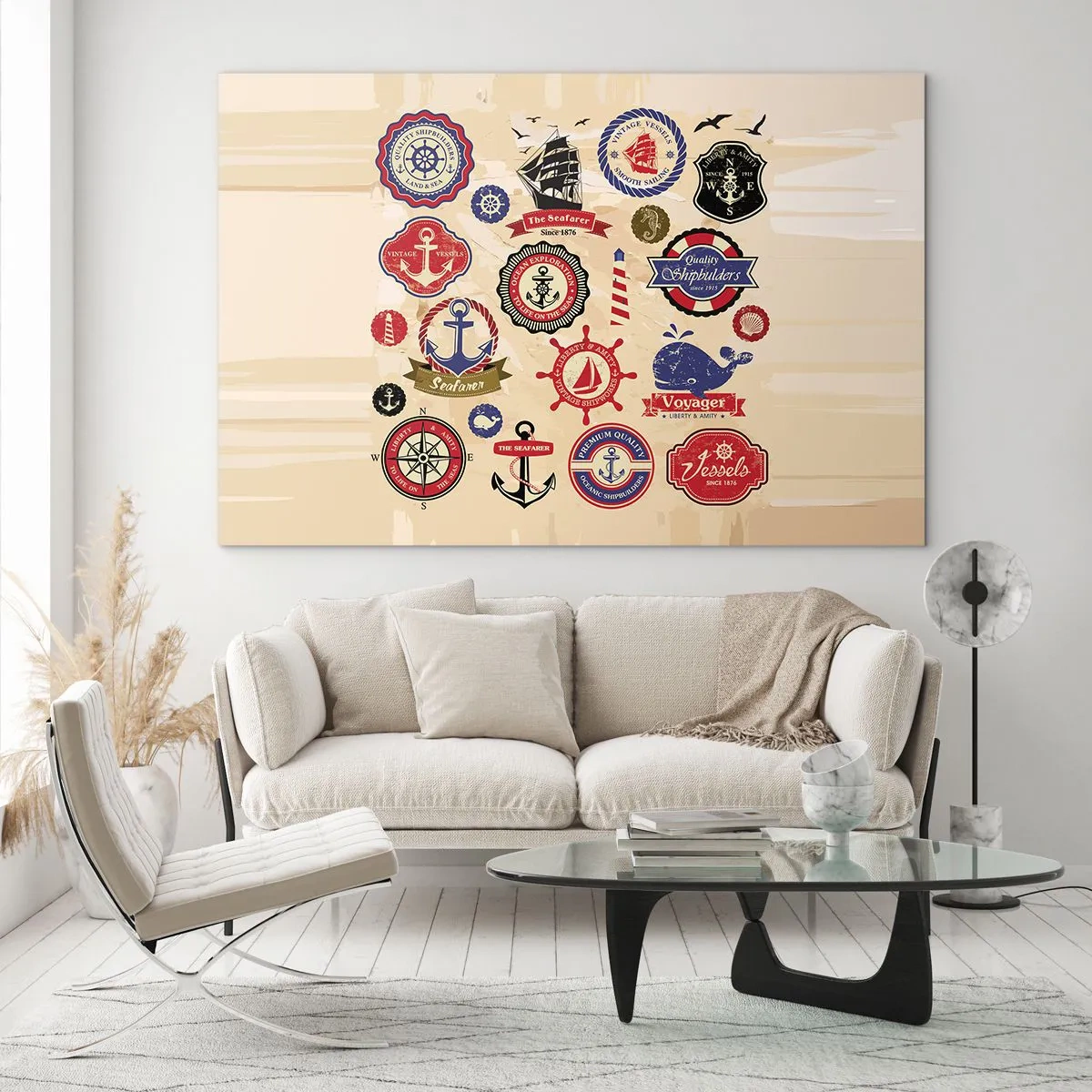 Quadro su vetro - Emblemi e simboli nautici su sfondo beige - 70x50cm - Fratellanza di vela - Decorazione murale moderna per soggiorno e camera da letto ARTTOR